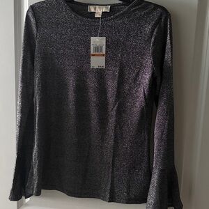 Michael Kors Black and Silver Metallic Knit Top with trumpet cuff